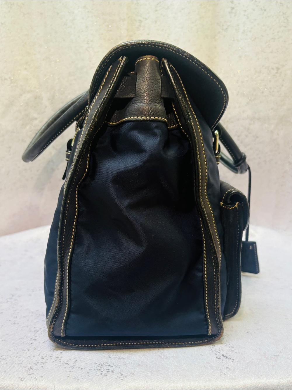Prada Navy Nylon and Black Leather Double-Pocket Satchel with silver Hardware - Picture 4 of 15